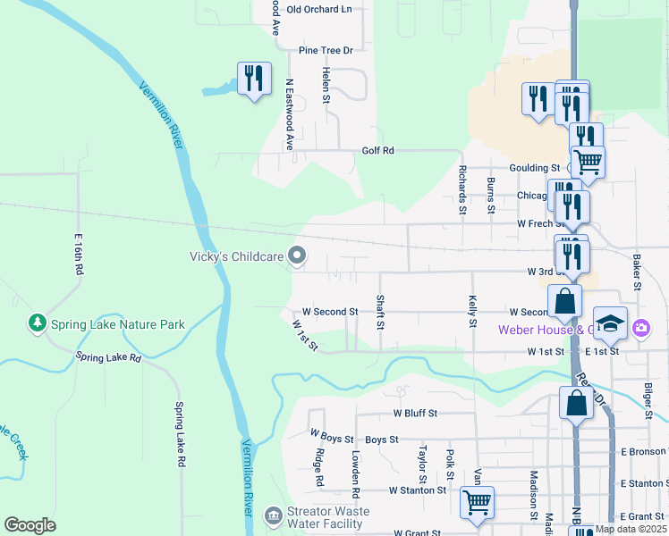 map of restaurants, bars, coffee shops, grocery stores, and more near 1608 Joseph Street in Streator