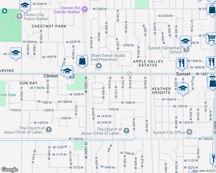 map of restaurants, bars, coffee shops, grocery stores, and more near 1701 North 810 West in Clinton