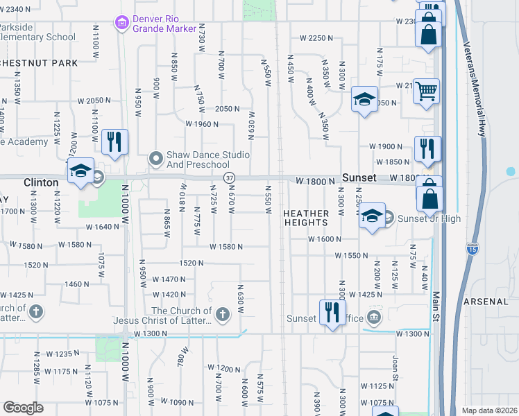 map of restaurants, bars, coffee shops, grocery stores, and more near 1736 North 550 West in Clinton