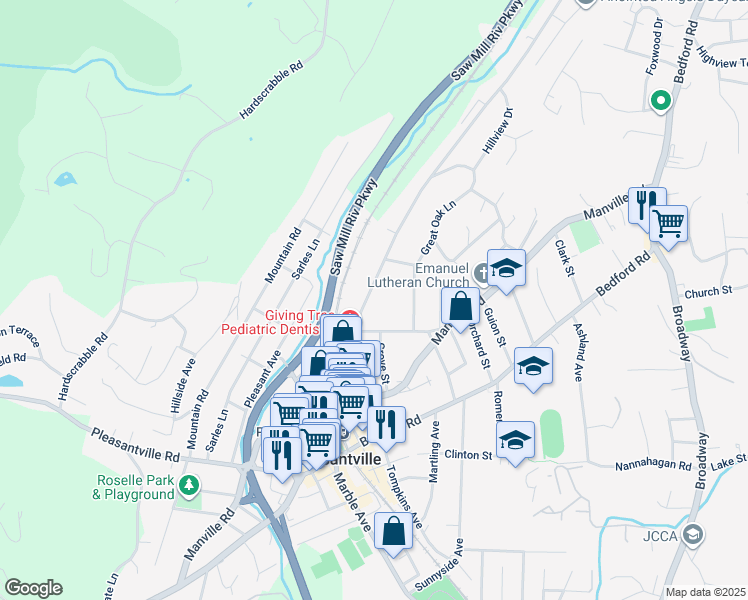map of restaurants, bars, coffee shops, grocery stores, and more near 166 Washington Avenue in Pleasantville