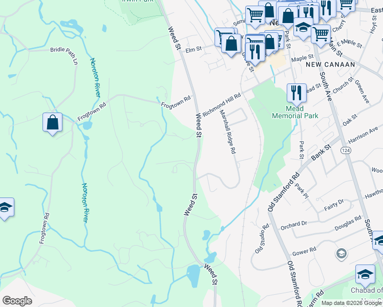 map of restaurants, bars, coffee shops, grocery stores, and more near 566 Weed Street in New Canaan