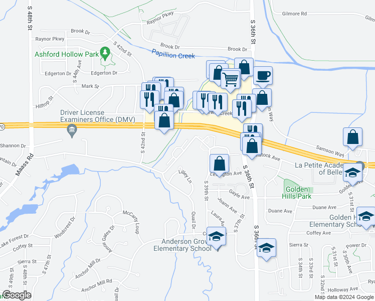 map of restaurants, bars, coffee shops, grocery stores, and more near 11513 Maass Road in Bellevue