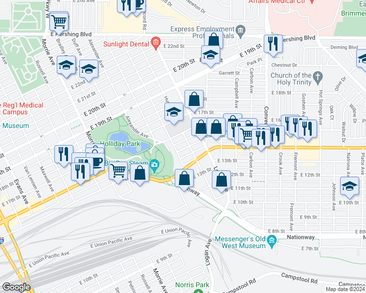 map of restaurants, bars, coffee shops, grocery stores, and more near 1517 East 16th Street in Cheyenne