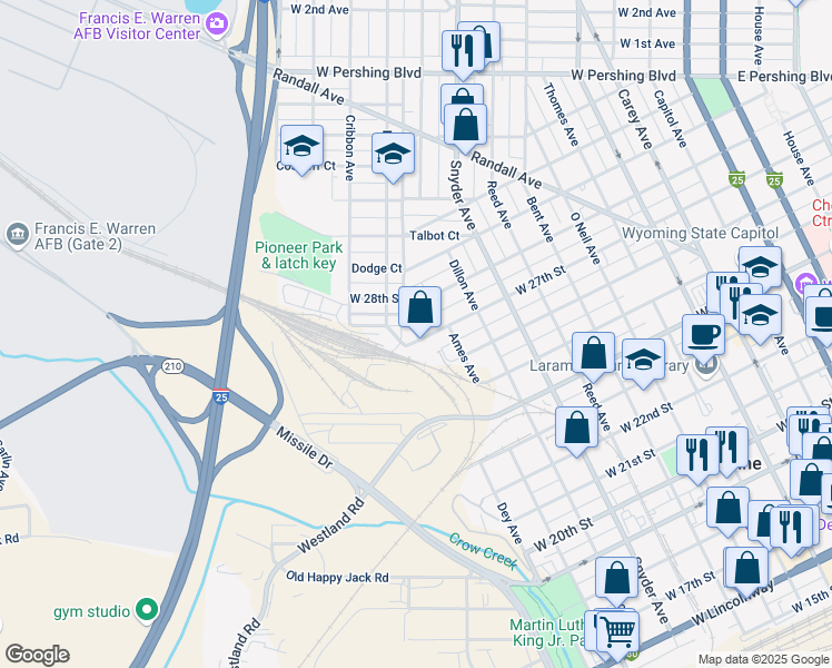map of restaurants, bars, coffee shops, grocery stores, and more near 2716 Ames Ct in Cheyenne