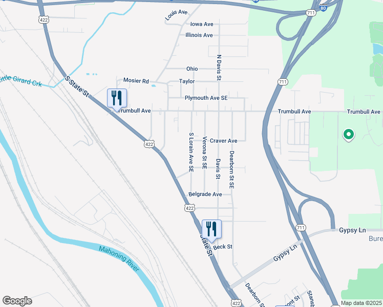 map of restaurants, bars, coffee shops, grocery stores, and more near 110 South Lorain Avenue Southeast in Girard