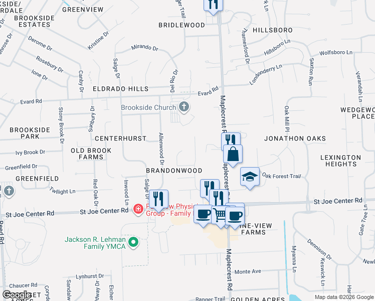 map of restaurants, bars, coffee shops, grocery stores, and more near 6312 Brandonwood Lane in Fort Wayne
