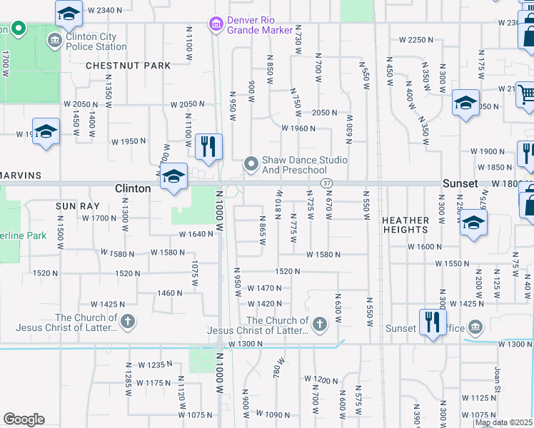 map of restaurants, bars, coffee shops, grocery stores, and more near 1704 North 865 West in Clinton