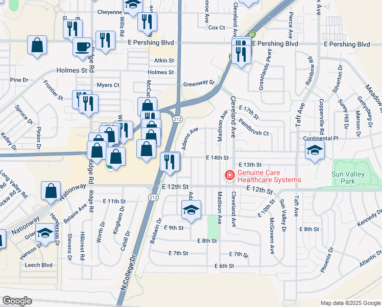 map of restaurants, bars, coffee shops, grocery stores, and more near 4100 East 14th Street in Cheyenne
