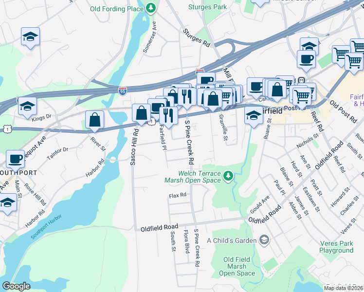 map of restaurants, bars, coffee shops, grocery stores, and more near 30 Northfield Road in Fairfield