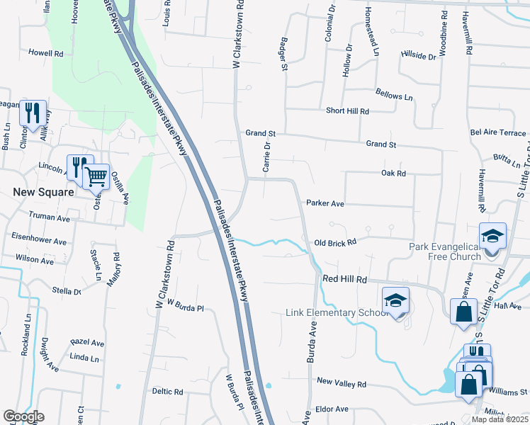 map of restaurants, bars, coffee shops, grocery stores, and more near 201 Red Hill Road in New City