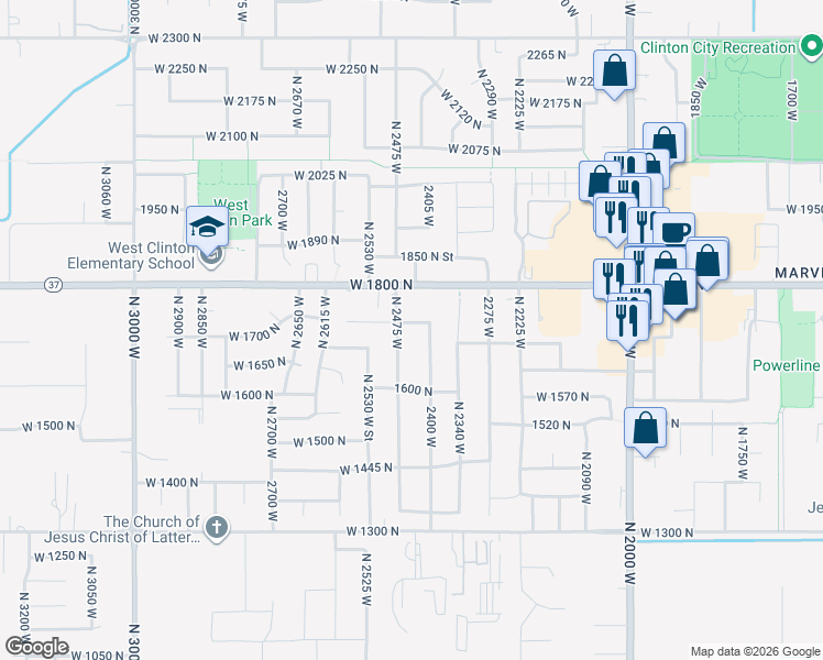 map of restaurants, bars, coffee shops, grocery stores, and more near 2443 West 1725 North in Clinton