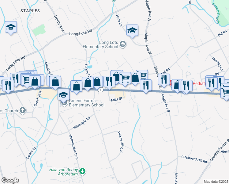 map of restaurants, bars, coffee shops, grocery stores, and more near 1360 U.S. 1 in Westport