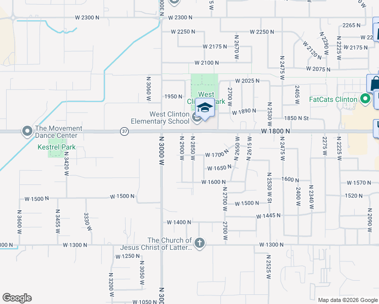 map of restaurants, bars, coffee shops, grocery stores, and more near 2866 West 1700 North in Clinton