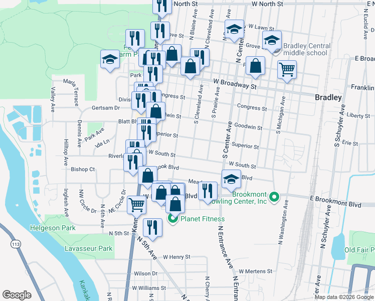 map of restaurants, bars, coffee shops, grocery stores, and more near 435 South Cleveland Avenue in Bradley