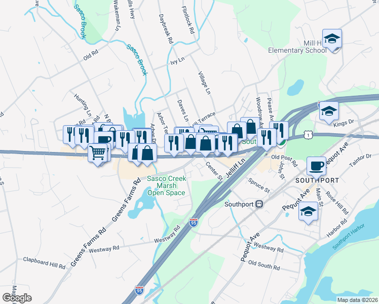 map of restaurants, bars, coffee shops, grocery stores, and more near 42 Hulls Highway in Fairfield