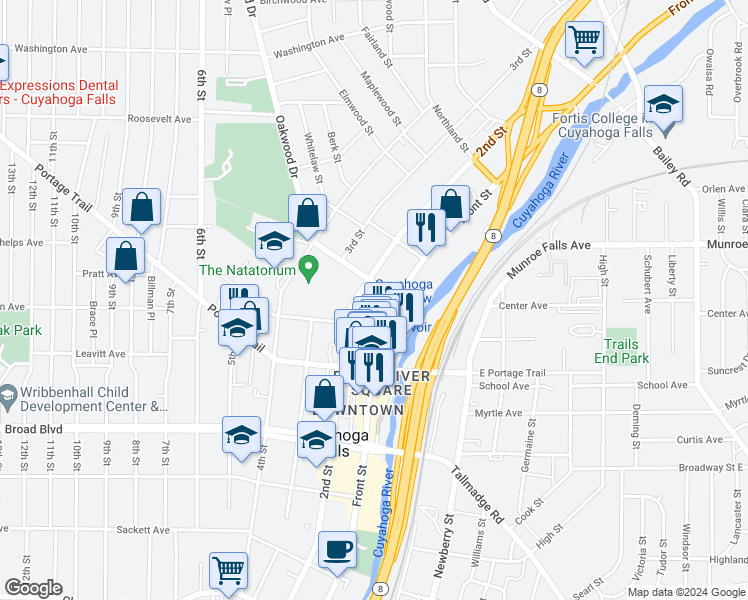 map of restaurants, bars, coffee shops, grocery stores, and more near 2335 2nd Street in Cuyahoga Falls