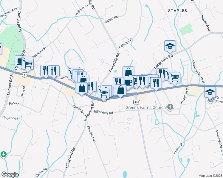 map of restaurants, bars, coffee shops, grocery stores, and more near 30 Roseville Road in Westport