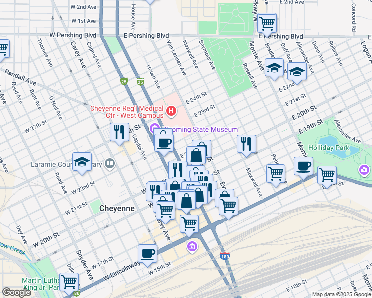 map of restaurants, bars, coffee shops, grocery stores, and more near 222 East 21st Street in Cheyenne