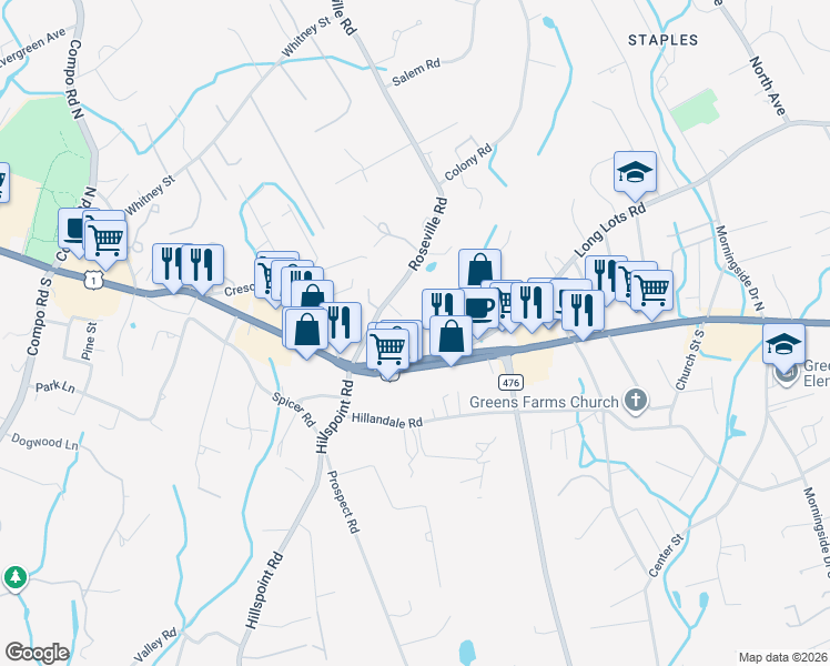 map of restaurants, bars, coffee shops, grocery stores, and more near 30 Roseville Road in Westport