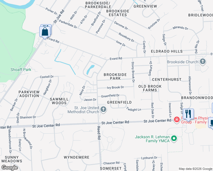 map of restaurants, bars, coffee shops, grocery stores, and more near 4914 Starwood Drive in Fort Wayne