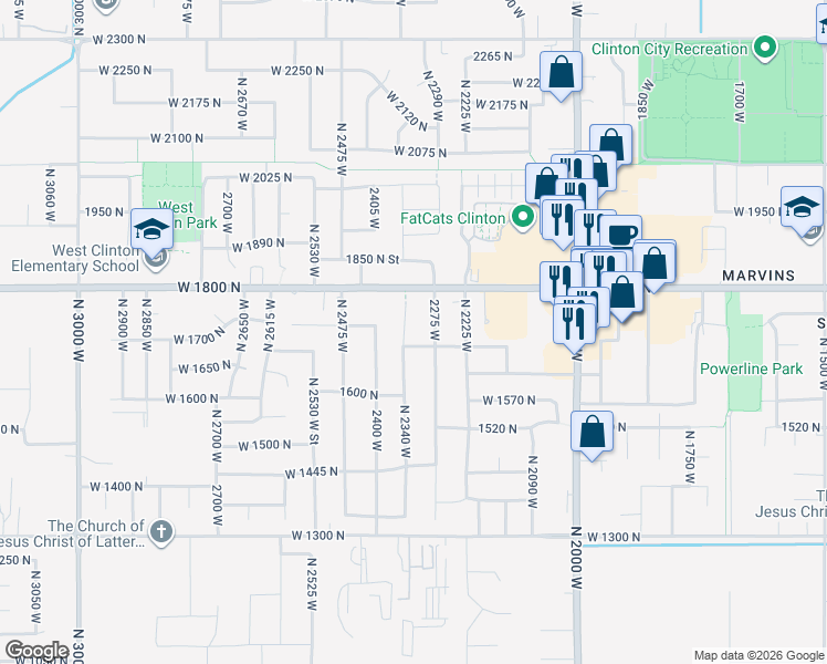 map of restaurants, bars, coffee shops, grocery stores, and more near 1742 North 2340 West in Clinton