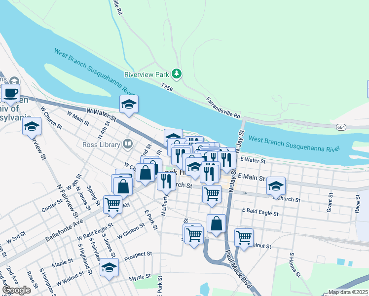 map of restaurants, bars, coffee shops, grocery stores, and more near 112 Mill Street in Lock Haven