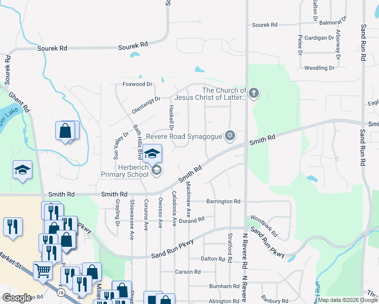 map of restaurants, bars, coffee shops, grocery stores, and more near 537 Beaverbrook Drive in Akron
