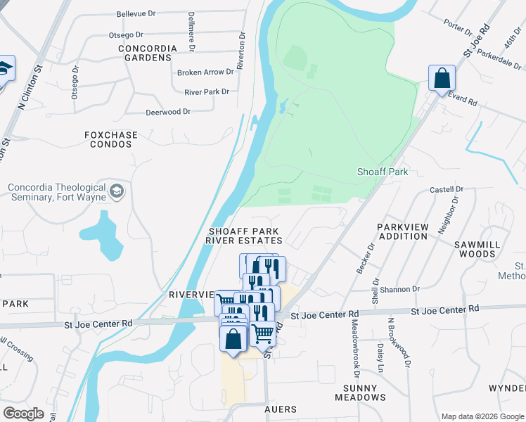 map of restaurants, bars, coffee shops, grocery stores, and more near 3211 Pavilion Ct in Fort Wayne