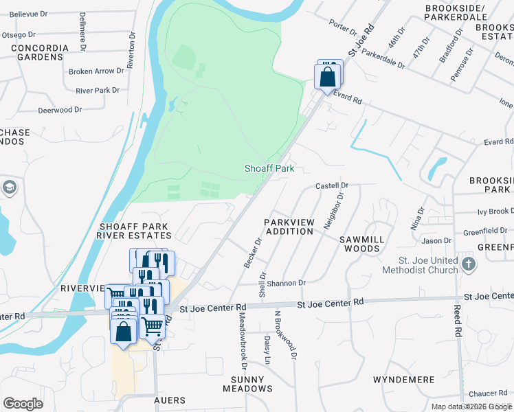 map of restaurants, bars, coffee shops, grocery stores, and more near 6330 Saint Joe Road in Fort Wayne