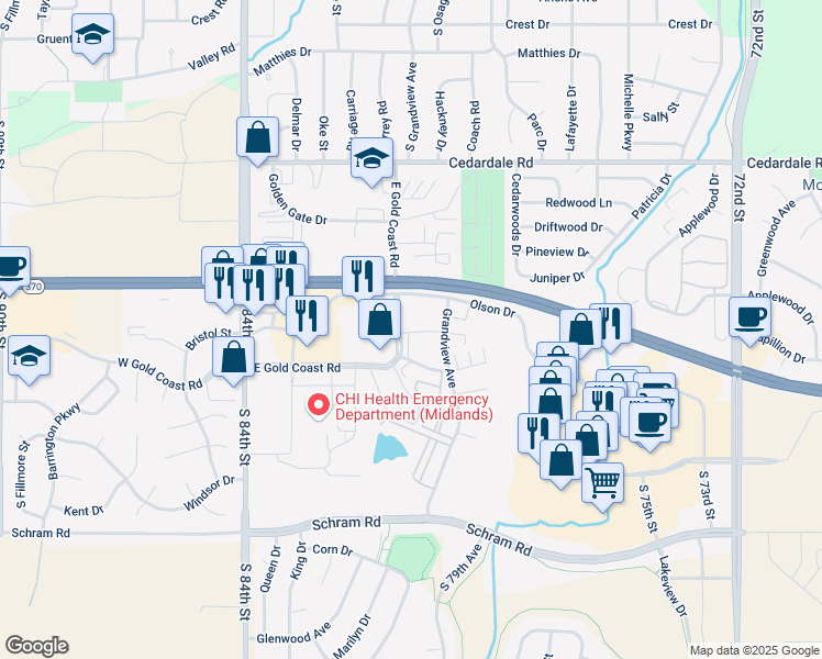 map of restaurants, bars, coffee shops, grocery stores, and more near 1409 East Gold Coast Road in Papillion