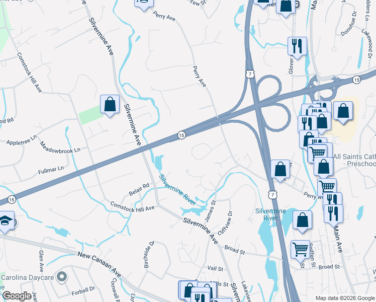 map of restaurants, bars, coffee shops, grocery stores, and more near 23 Rae Lane in Norwalk