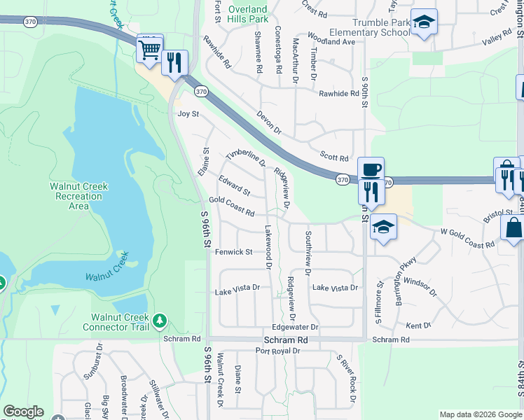 map of restaurants, bars, coffee shops, grocery stores, and more near 1004 Gold Coast Road in Papillion