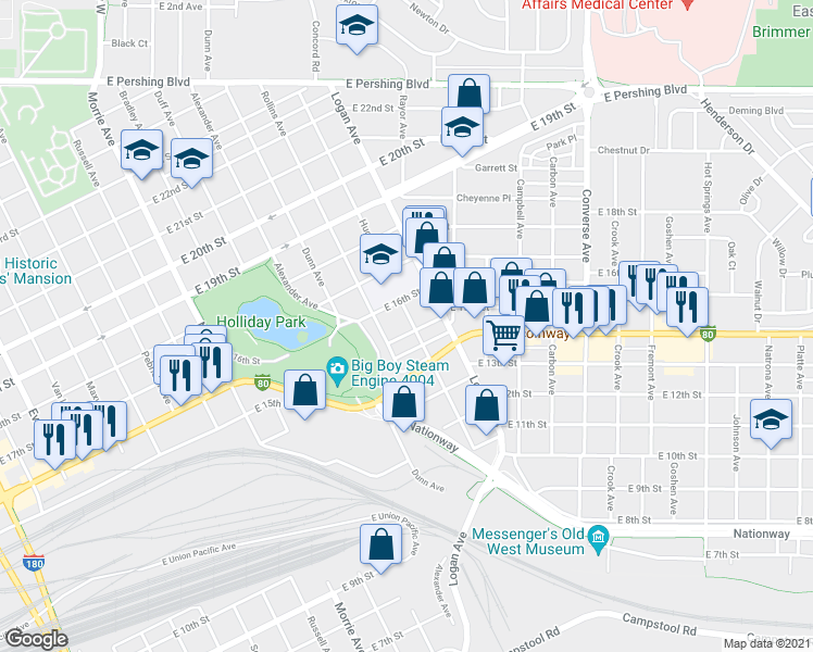 map of restaurants, bars, coffee shops, grocery stores, and more near 1522 East 15th Street in Cheyenne
