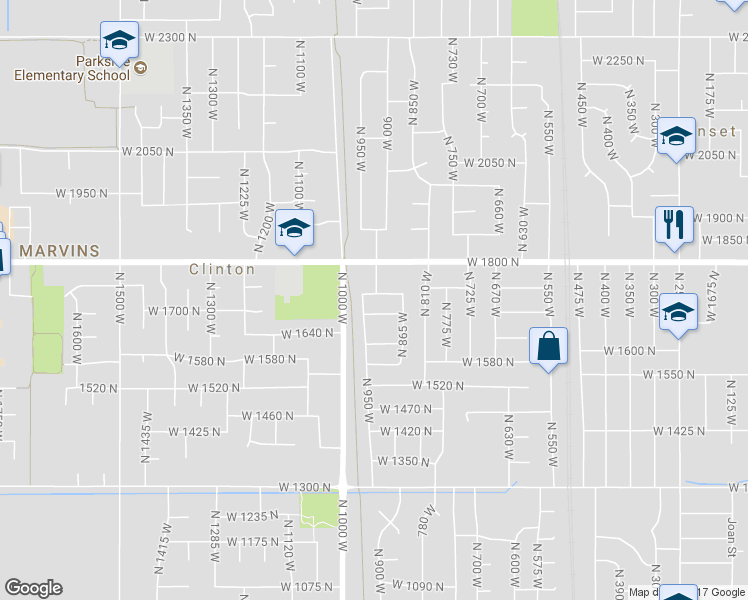 map of restaurants, bars, coffee shops, grocery stores, and more near 927 1730 North Street in Clinton