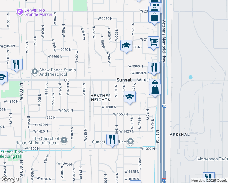map of restaurants, bars, coffee shops, grocery stores, and more near 1733 North 300 West in Sunset