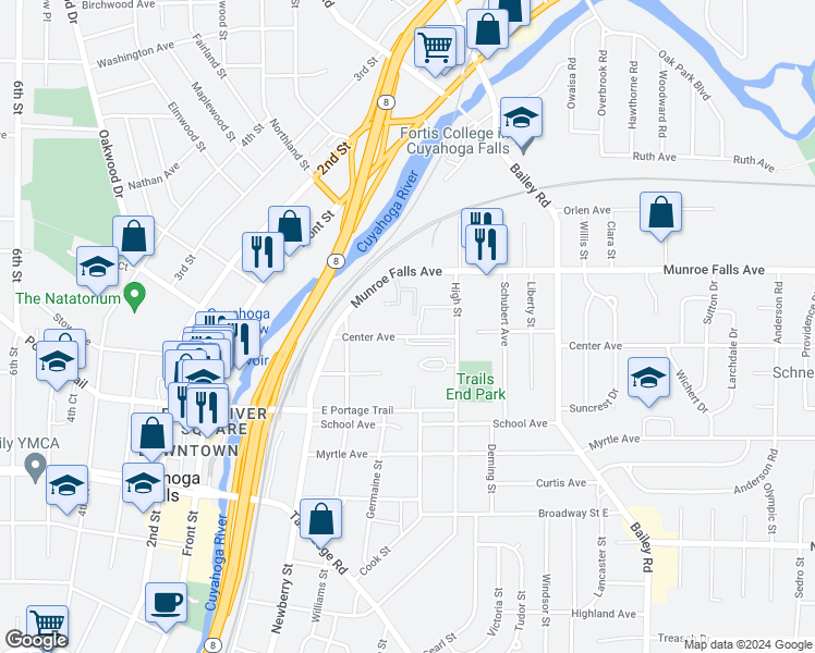 map of restaurants, bars, coffee shops, grocery stores, and more near 515 Center Avenue in Cuyahoga Falls