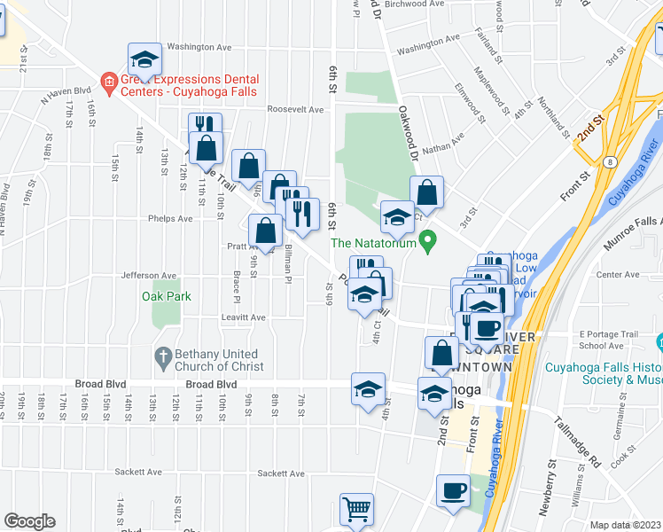 map of restaurants, bars, coffee shops, grocery stores, and more near 2321 6th Street in Cuyahoga Falls