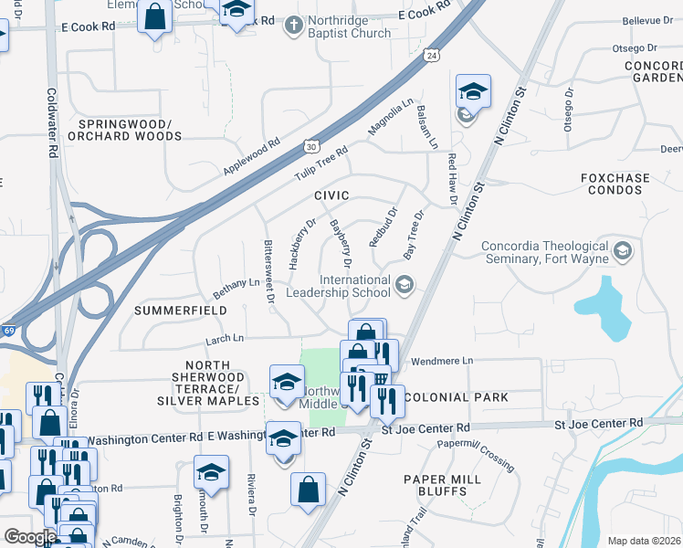 map of restaurants, bars, coffee shops, grocery stores, and more near 6433 Bayberry Drive in Fort Wayne