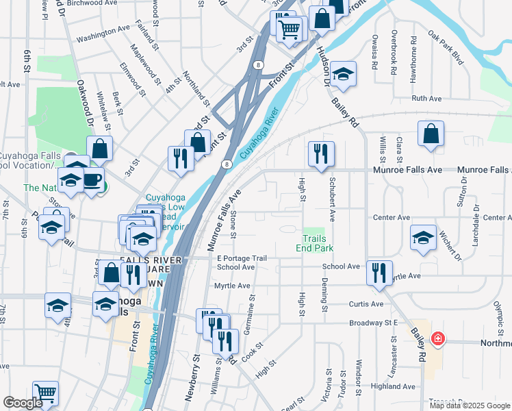 map of restaurants, bars, coffee shops, grocery stores, and more near 441 Center Avenue in Cuyahoga Falls
