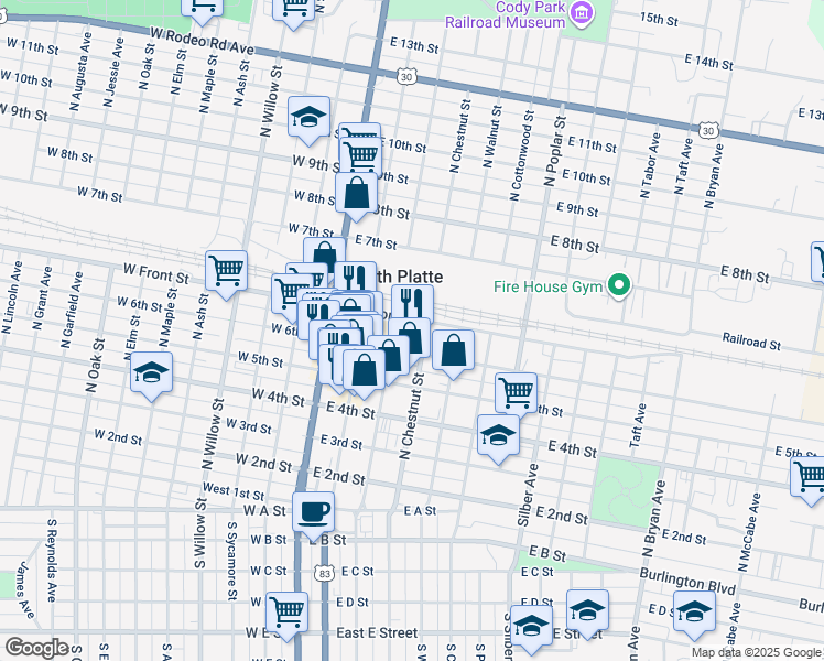 map of restaurants, bars, coffee shops, grocery stores, and more near 348-398 East Front Street in North Platte