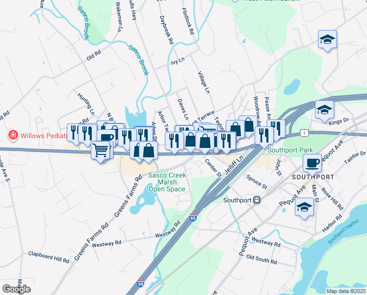 map of restaurants, bars, coffee shops, grocery stores, and more near 42 Hulls Highway in Fairfield