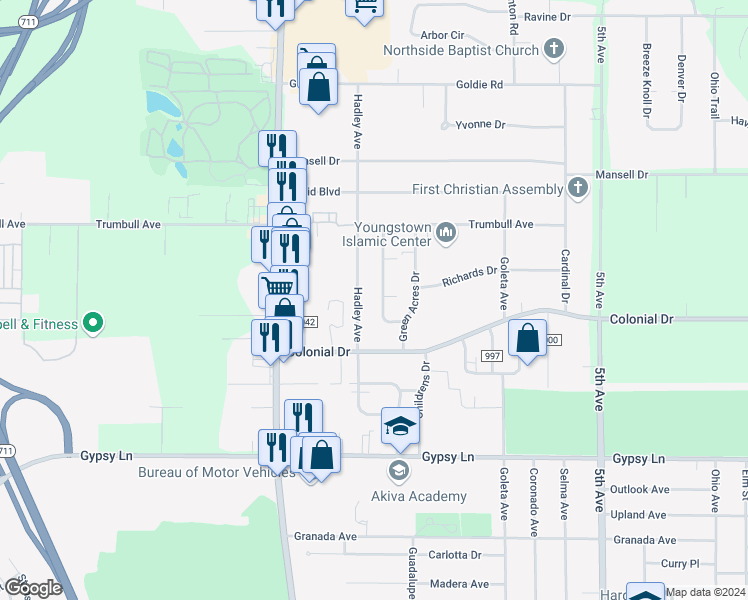 map of restaurants, bars, coffee shops, grocery stores, and more near 3022 Northgate Avenue in Youngstown