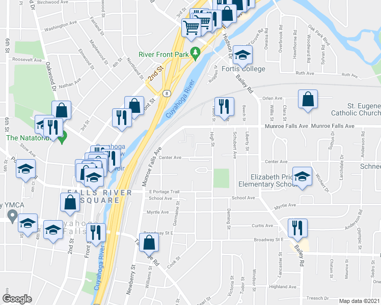 map of restaurants, bars, coffee shops, grocery stores, and more near 441 Center Avenue in Cuyahoga Falls