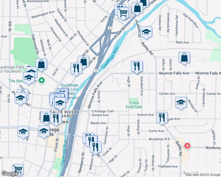 map of restaurants, bars, coffee shops, grocery stores, and more near 441 Center Avenue in Cuyahoga Falls