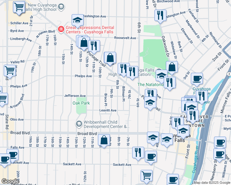 map of restaurants, bars, coffee shops, grocery stores, and more near 2330 8th Street in Cuyahoga Falls