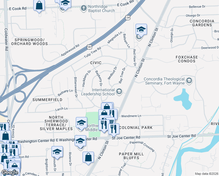 map of restaurants, bars, coffee shops, grocery stores, and more near 6443 Redbud Drive in Fort Wayne