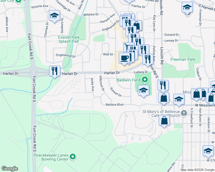 map of restaurants, bars, coffee shops, grocery stores, and more near 1209 Hillcrest Drive in Bellevue
