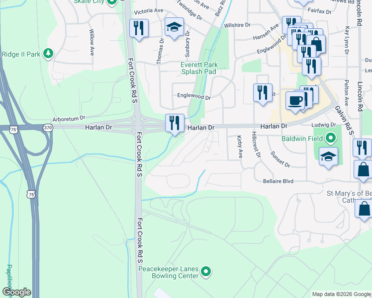 map of restaurants, bars, coffee shops, grocery stores, and more near 2007 Betz Road in Bellevue