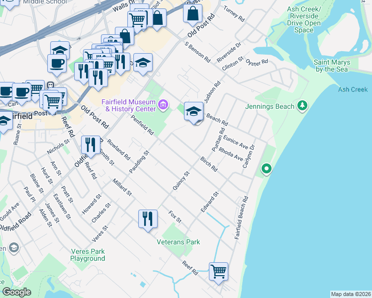 map of restaurants, bars, coffee shops, grocery stores, and more near 99 Birch Road in Fairfield
