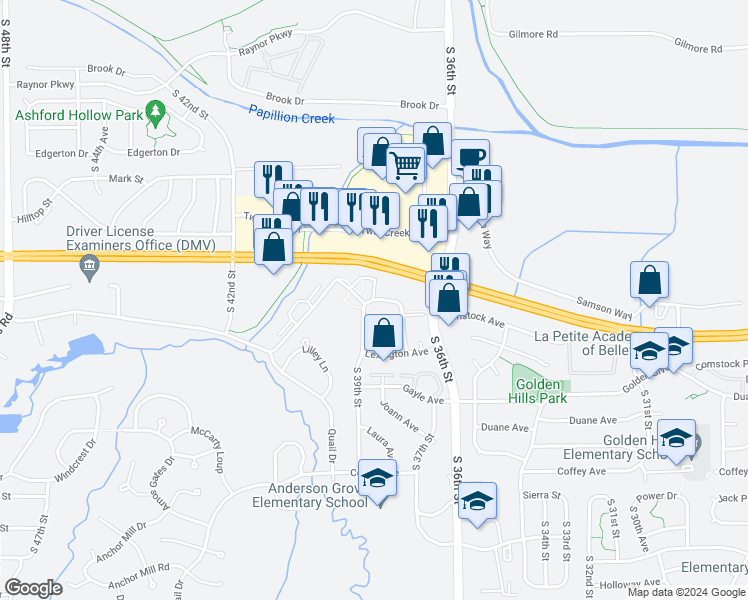 map of restaurants, bars, coffee shops, grocery stores, and more near 11400 South 37th Street in Bellevue
